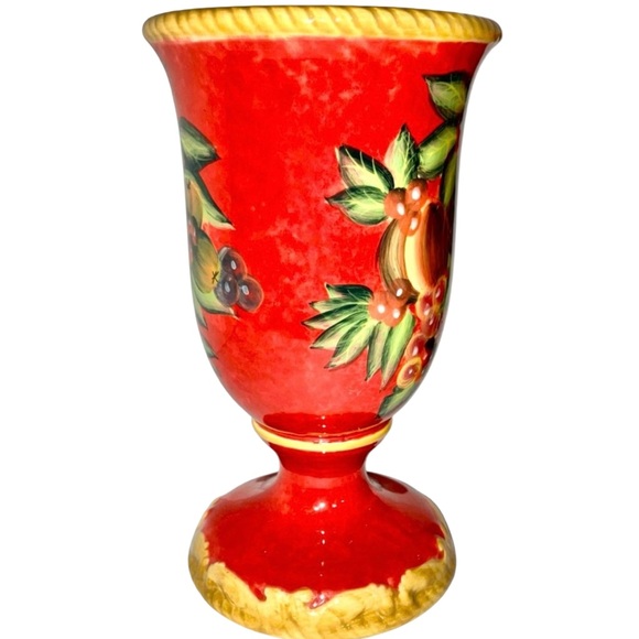 Raymond Waites Tuscany Red Pedestal Mugs Ceramic Gold Rim Fruit Pattern Set of 4 - Picture 3 of 6